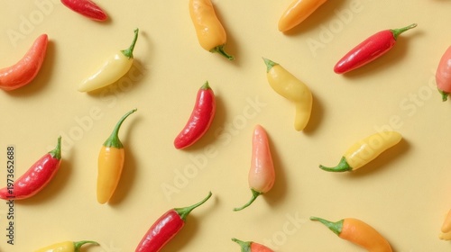 Group of red and yellow chili peppers scattered on a yellow background. the peppers are of different sizes and shapes, with some being red, some being yellow, and some being orange.