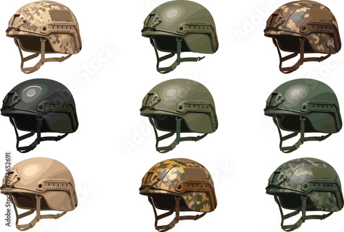 Military tactical helmets vector set featuring camouflage combat helmets in various colors and styles isolated on white background for army and defense design