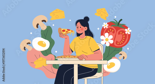 Happy young woman enjoys a slice of pizza at a table with giant floating ingredients like tomatoes, mushrooms, eggs, and cheese.