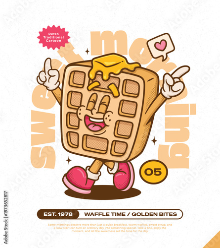 Buttermilk Waffles Trendy Retro Cartoon Vector Hand Drawn 5