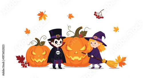 Two children dressed as a vampire and a witch pose next to large carved jack-o'-lantern pumpkins and autumn leaves for Halloween.
