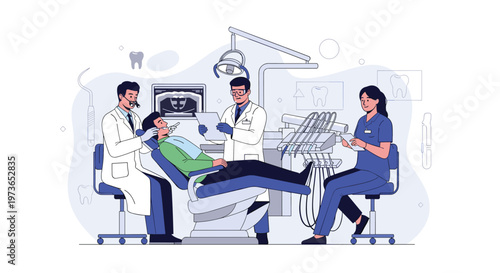 Patient receives dental treatment from a team of dentists and an assistant in a modern clinical office with advanced medical equipment.