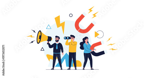Team of marketing specialists using various tools like megaphone and magnet to attract and find new potential customers.