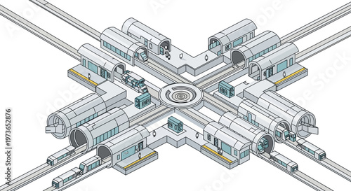 Detailed isometric illustration of a complex subway station interchange.