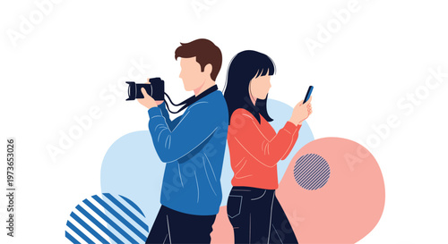 Young man taking photos with a professional camera while a woman next to him uses her smartphone for social media content creation.