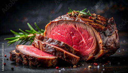 Delicious roasted beef with rosemary and spices.