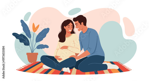 Happy young couple sitting on a rug and gently touching the woman's pregnant belly in anticipation of their baby in a cozy room.