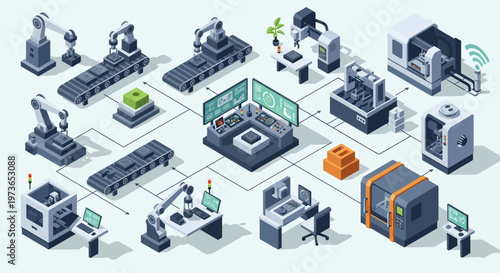 Modern factory automation and robotics industrial technology concept.