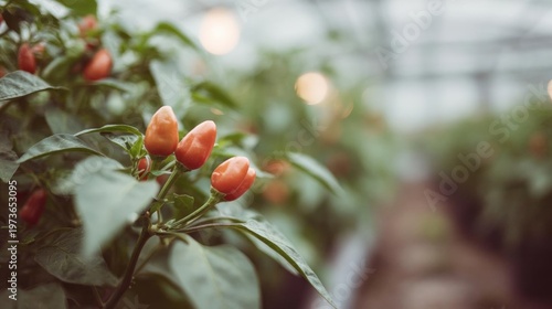 Close-up of a plant with green leaves and small red peppers growing on it. the plant appears to be in a greenhouse or greenhouse, as there are other plants visible in the background.