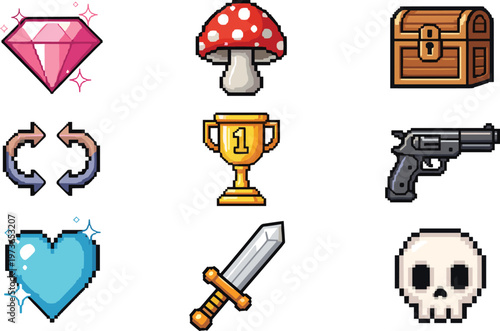 Pixel game icons vector set featuring diamond, trophy, sword, skull, chest and fantasy items in retro arcade style isolated on white background