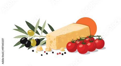 Still life illustration of a block of hard cheese with cherry tomatoes black and green olives and peppercorns on white background.