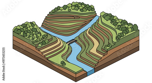 Cross section of river valley and geological strata.