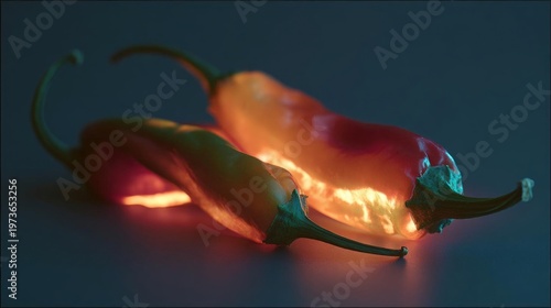 Close-up of two red and orange chili peppers. the peppers are placed side by side on a dark blue background.