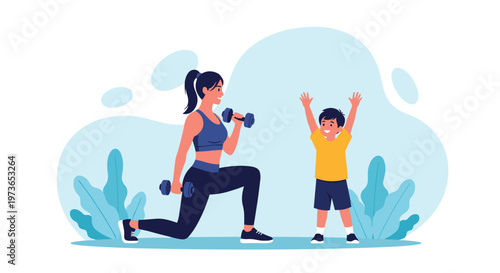 Fit young woman doing lunges with dumbbells while her young son cheers and mimics the exercise during their morning workout at home.