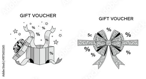 Two variants of a gift voucher design one featuring an open gift box with stars and another with a large decorative bow and ribbon.