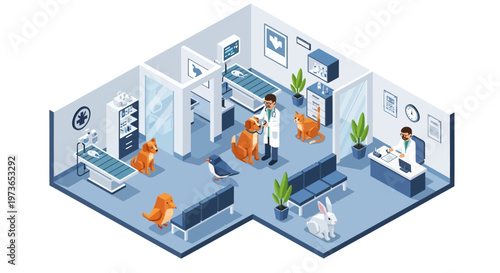 Veterinary Clinic Interior with Animals and Staff Isometric View.