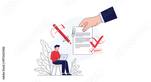 Businessman working on a laptop while a giant hand holds a document being marked with a red pencil and checkmark for approval process.