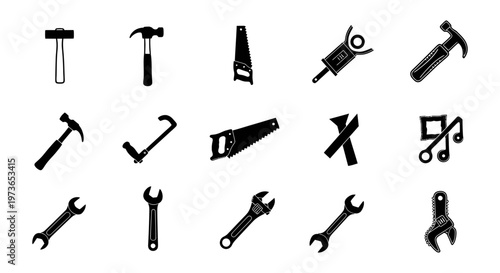 essential hand tool icons set featuring hammers saws and wrenches ideal for construction repair and workshop equipment designs.