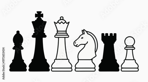 "Chess Pieces Icons Set - King, Queen, Knight, Bishop, Rook, Pawn Silhouettes Vector Collection. Board Game Strategy and Chess Game Elements with Editable Stroke. Thin Line Vector Illustration"
