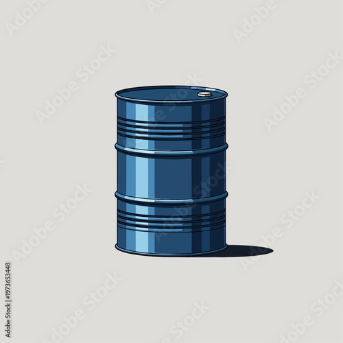 a blue industrial oil barrel standing upright on a light grey background symbolizing fuel storage and global economy