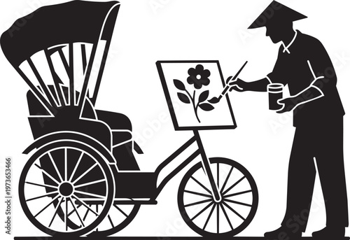 Black silhouette of artist painting on rickshaw easel