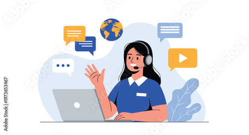 Friendly female customer service representative with a headset working on a laptop and helping clients worldwide through online chat.