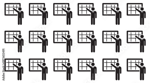 Repetitive pattern of a person pointing at a board symbolizing teaching or presentation.