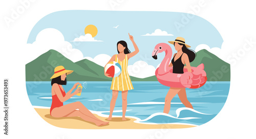 Group of three young women in colorful swimwear enjoying a sunny day at the beach with mountains and ocean in the background landscape.