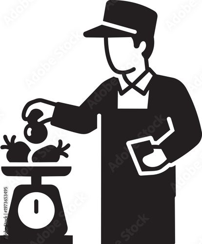 Black silhouette of a butcher weighing meat on a scale carefully