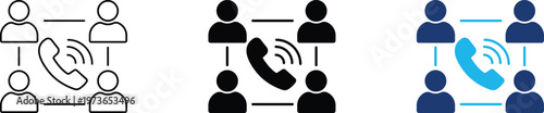 Group call icon showing professional conference communication and collective telepresence. Professional illustration for team collaboration sessions, and virtual meeting platforms.