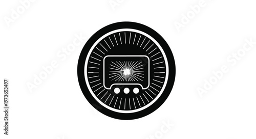 Iconography featuring a rounded emblem with a central screen display and three circular buttons below it.