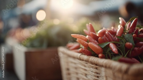 Basket full of red chili peppers. the basket is made of woven straw and is placed on a table. the peppers are bright red in color and have small green leaves attached to them.