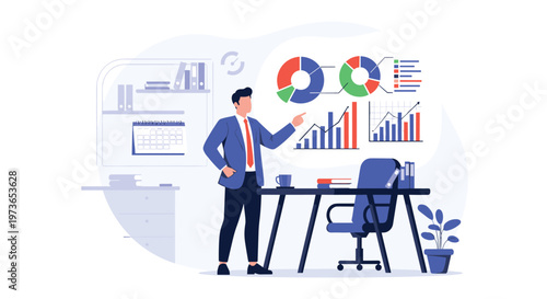 Professional businessman standing in his office and analyzing various charts and graphs displayed on a wall for strategic planning tasks.