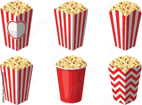Popcorn buckets vector set featuring striped cinema containers filled with popcorn isolated on white background for movie theater and entertainment design