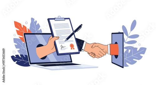 Online business agreement concept shows hands shaking through computer screens after signing a digital contract with a pen and official seal.