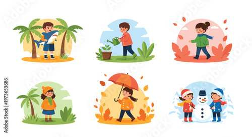 Collection of children participating in various outdoor activities across four seasons showcases the joy of childhood and changing weather patterns.