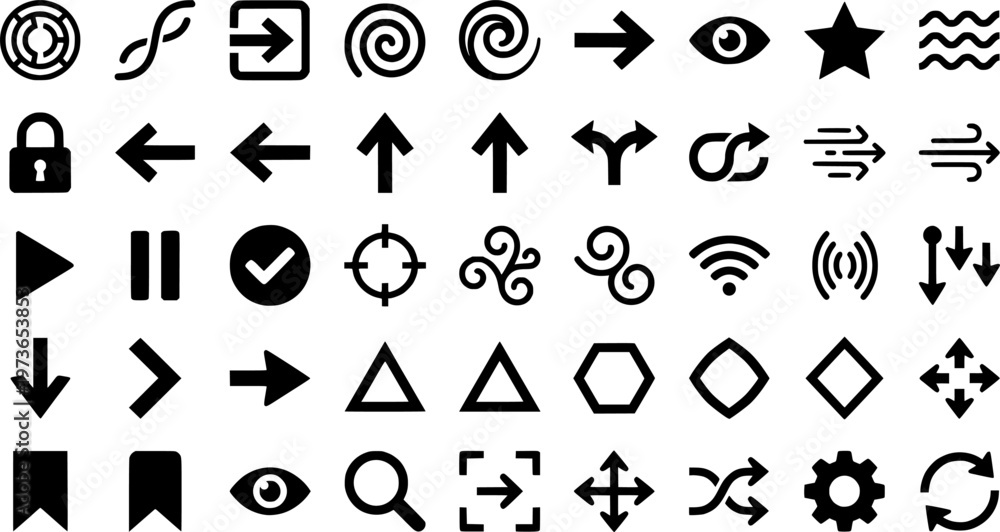 Fototapeta premium Minimalist icon set with maze, arrow, eye, lock, and star symbols 