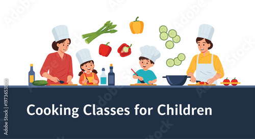 Diverse group of children and adults wearing chef hats enjoy a cooking class with various vegetables and kitchen tools on a long counter.