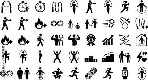 Set of fitness icons featuring skipping rope and various workout activities
