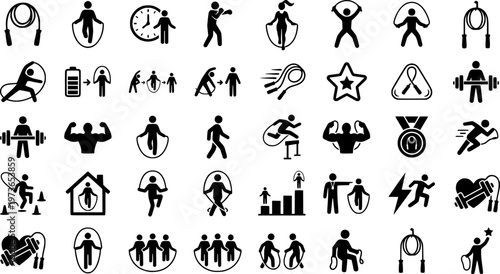 Set of fitness icons featuring skipping rope and various workout activities
