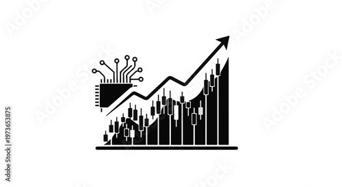 Financial chart displays an upward trend with a digital microchip integrated into the candlestick graph.