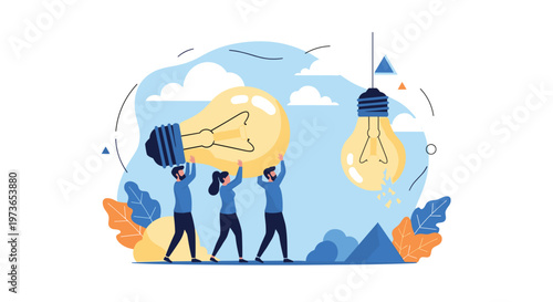 Teamwork concept shows individuals carrying a large glowing light bulb towards a broken one to replace it with a fresh innovative idea.
