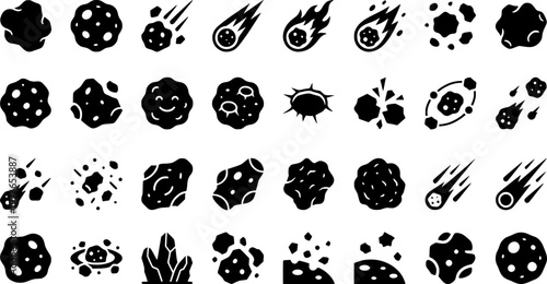 Set of cartoon asteroids and meteorites with smiling faces on dark background
