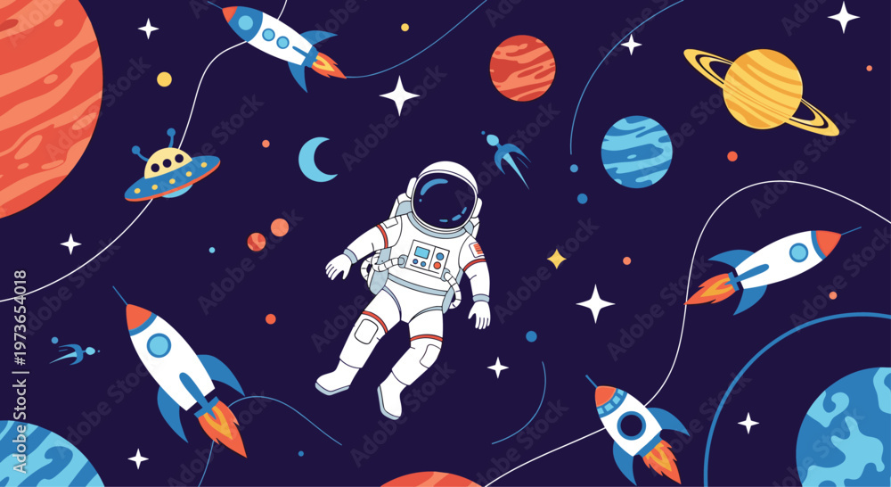 Naklejka premium Astronaut floating in deep space surrounded by rockets, planets, stars, and a flying saucer represents cosmic exploration and discovery.