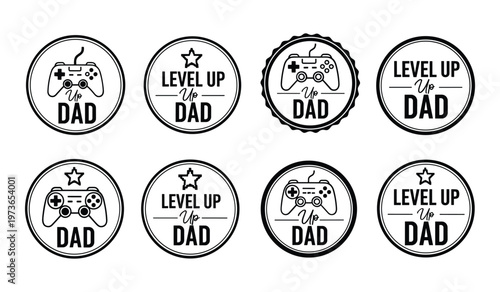 Eight black and white circular badges with game controllers and level up for dad text