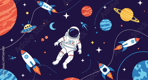 Astronaut floating in deep space surrounded by rockets, planets, stars, and a flying saucer represents cosmic exploration and discovery.