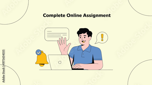 Digital education illustration, student completing assignment on laptop, notifications for submissions and deadlines, online learning platform, e-learning workflow, student performance and progress.