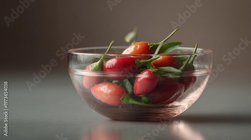 Close-up of a glass bowl filled with fresh cherry tomatoes. the tomatoes are bright red and appear to be ripe and juicy.