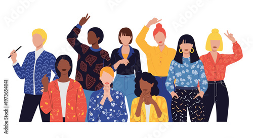 Diverse group of women from various backgrounds standing together represents female empowerment, unity, and social diversity.