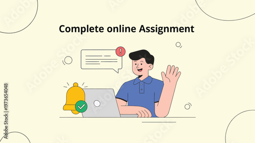 Digital education illustration, student completing assignment on laptop, notifications for submissions and deadlines, online learning platform, e-learning workflow, student performance and progress.